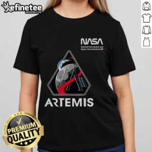 Alt Text: NASA Artemis II Mission Patch with Worm Logo and American Flag on a ladies tee, perfect for space enthusiasts.