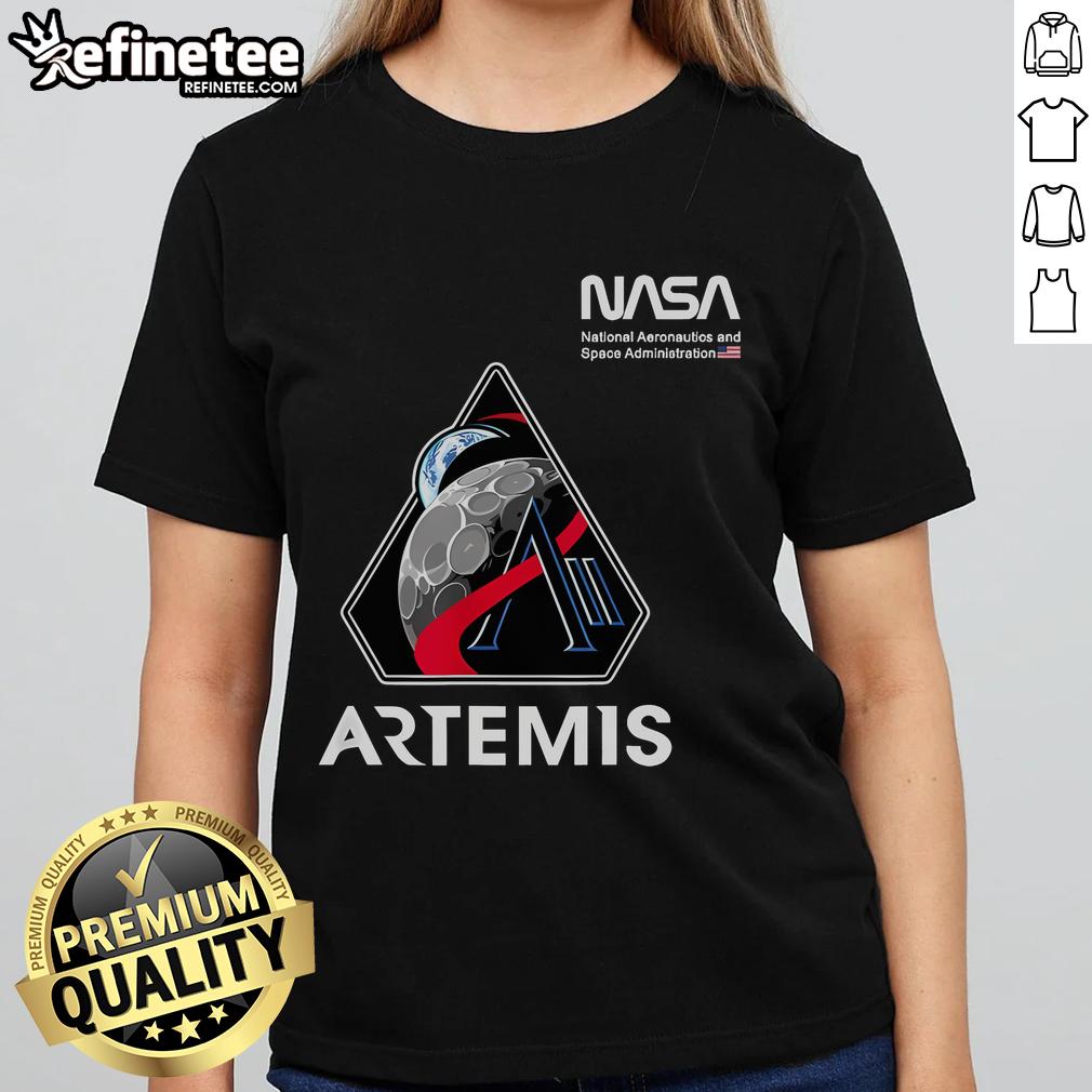 Alt Text: NASA Artemis II Mission Patch with Worm Logo and American Flag on a ladies tee, perfect for space enthusiasts.