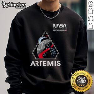 Alt Text: NASA Artemis II mission patch sweatshirt featuring worm logo and American flag design for space enthusiasts.