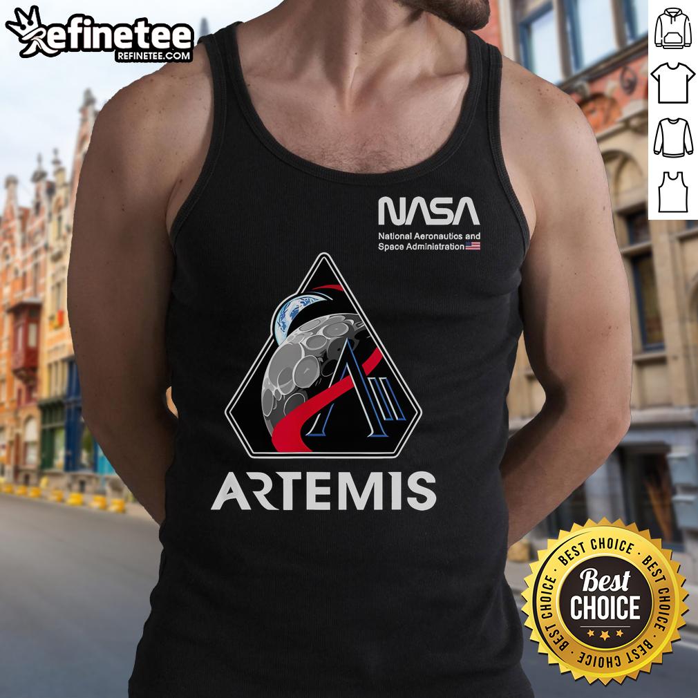 NASA Artemis II mission patch tank top featuring the worm logo and American flag design, perfect for space enthusiasts.