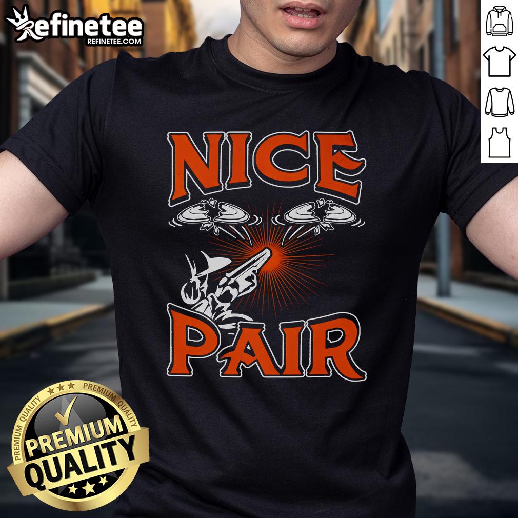 Alt Text: Funny Nice Pair skeet shooting sport t-shirt design featuring a playful graphic and bold lettering on a casual tee.