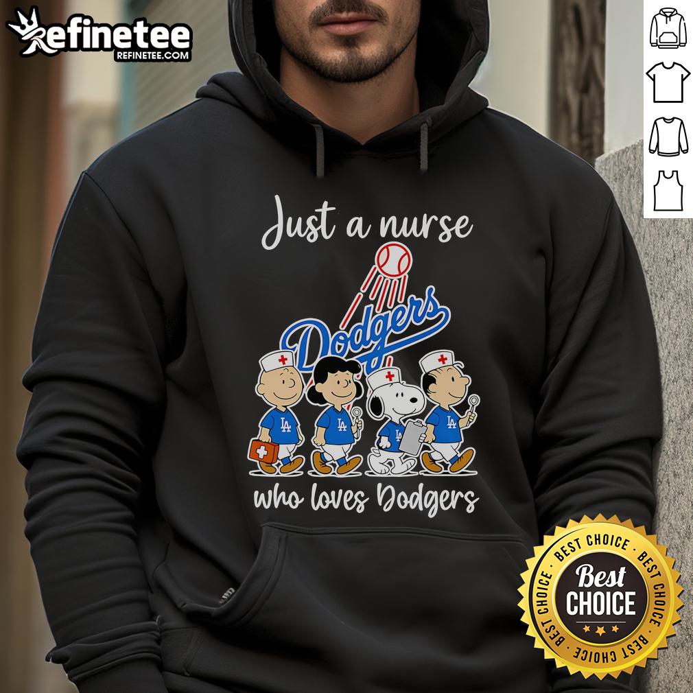 Nurse wearing a Dodgers hoodie, showcasing 'Just a Nurse Who Loves Dodgers' design with peanuts background.