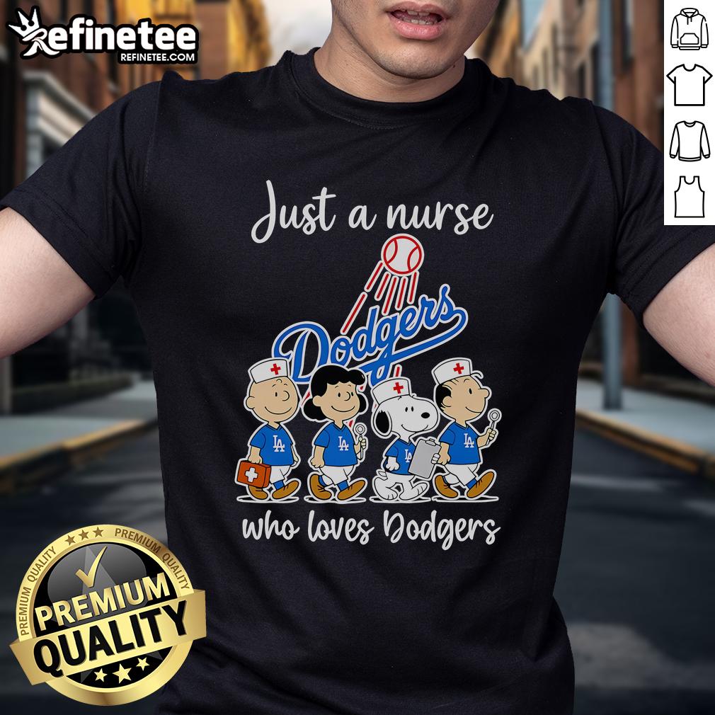 Nice Peanuts Just A Nurse Who Loves Dodgers T-Shirt featuring a fun graphic of Snoopy and baseball elements.
