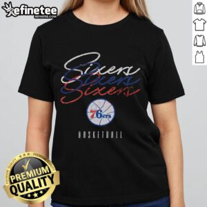 Alt Text: Ladies' Philadelphia 76ers Hardwood Classics Triple Stack Tee, stylish sportswear for female fans of the NBA team.
