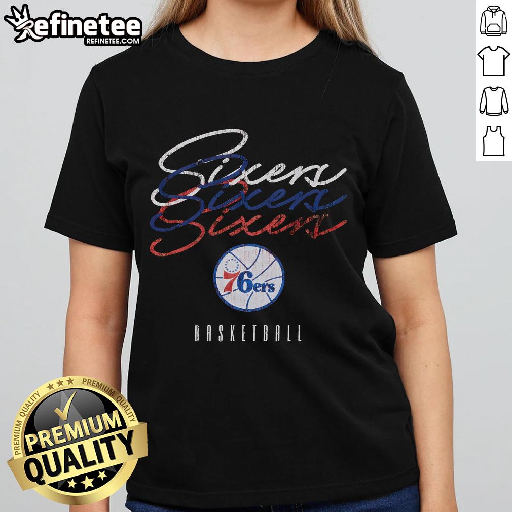 Alt Text: Ladies' Philadelphia 76ers Hardwood Classics Triple Stack Tee, stylish sportswear for female fans of the NBA team.