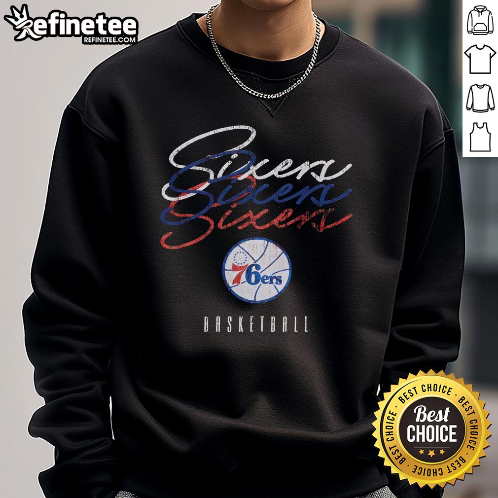 Alt Text: Nice Philadelphia 76ers Hardwood Classics Triple Stack Sweatshirt featuring team colors and logo, perfect for fans.