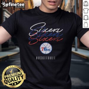 Nice Philadelphia 76ers Hardwood Classics Triple Stack T-Shirt featuring vibrant team colors and iconic logo design.