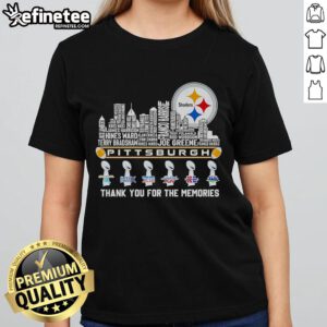 2025 Pittsburgh Steelers Ladies Tee featuring players' names and skyline, perfect for fans celebrating memories.