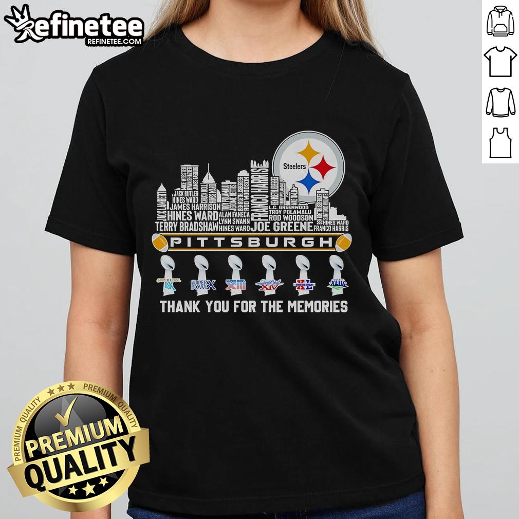 2025 Pittsburgh Steelers Ladies Tee featuring players' names and skyline, perfect for fans celebrating memories.
