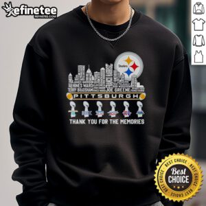 Alt Text: 2025 Pittsburgh Steelers Thank You For The Memories sweatshirt featuring player names and city skyline design.