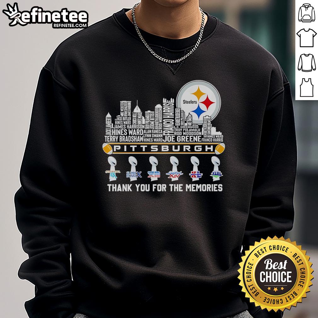 Alt Text: 2025 Pittsburgh Steelers Thank You For The Memories sweatshirt featuring player names and city skyline design.