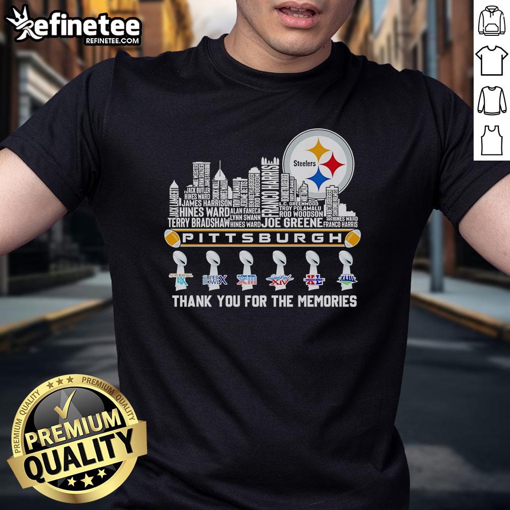 Nice Pittsburgh Steelers Thank You For The Memories T-Shirt featuring player names and skyline design, perfect for fans.