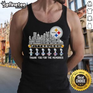 Nice Pittsburgh Steelers Thank You For The Memories tank top featuring player names and skyline design, 2025 edition.