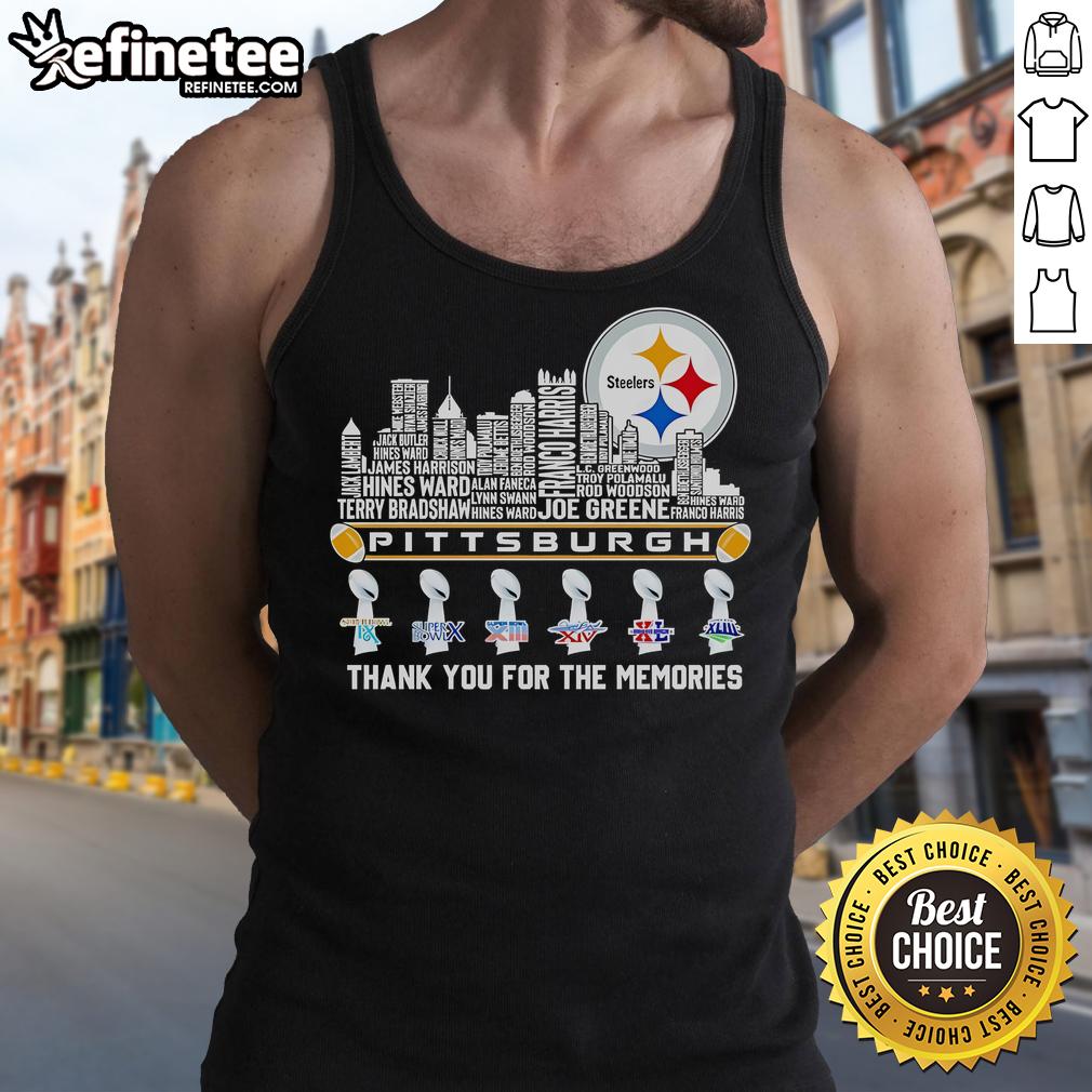 Nice Pittsburgh Steelers Thank You For The Memories tank top featuring player names and skyline design, 2025 edition.