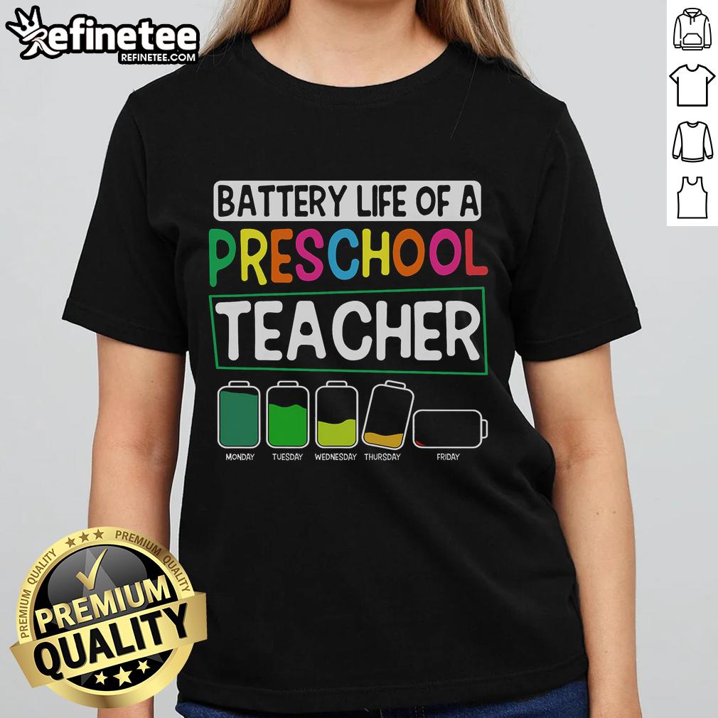 Nice preschool nursery teacher graphic tee showcasing battery life theme for Pre-K instructors in vibrant colors.