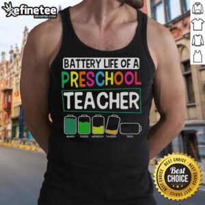Pre-K instructor wearing a stylish tank top celebrating battery life, perfect for a nice preschool nursery teacher outfit.