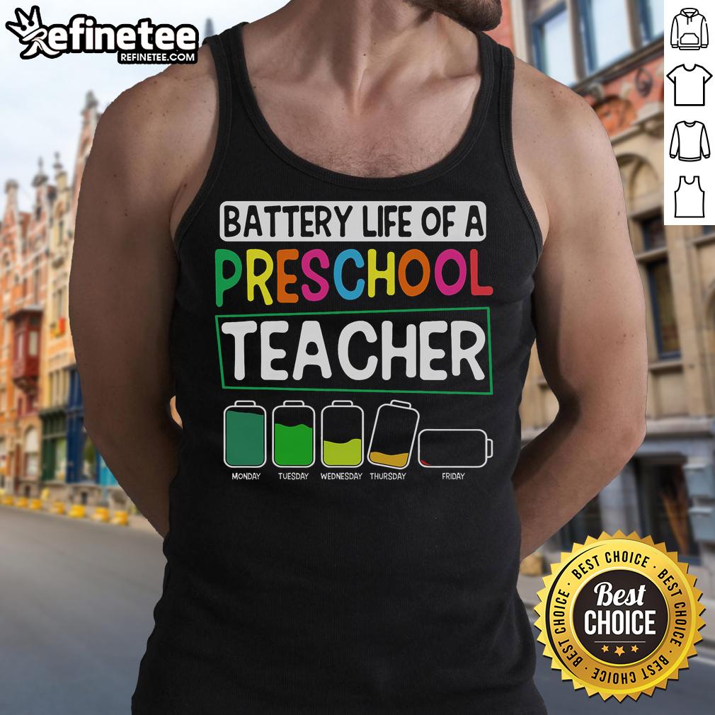 Pre-K instructor wearing a stylish tank top celebrating battery life, perfect for a nice preschool nursery teacher outfit.