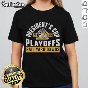 Alt Text: 2025 Presidents Cup Playoffs: Roanoke Rail Yard Dawgs ladies' tee featuring vibrant team colors and logo.