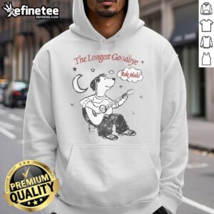 Dog wearing a hoodie with guitar, moon, and star design, promoting the Nice Role Model The Longest Goodbye collection.