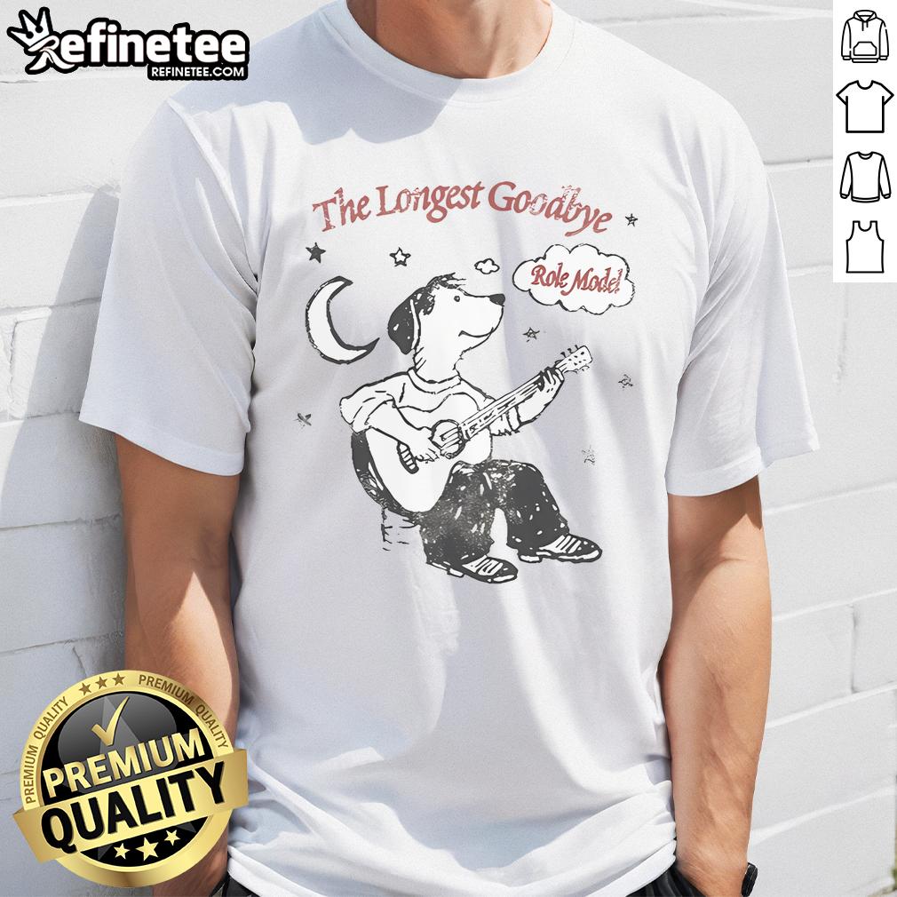 Alt Text: Nice Role Model The Longest Goodbye Dog Guitar Moon Star T-Shirt featuring a cool dog design with stars and a guitar.