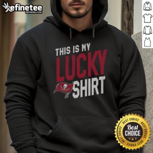 Alt Text: Person wearing a Tampa Bay Buccaneers hoodie, showcasing team spirit and luck on game day.