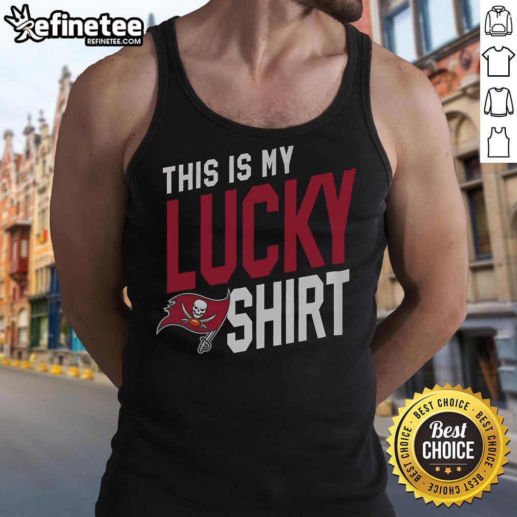 Woman wearing a 'This Is My Lucky Tank Top' supporting the Tampa Bay Buccaneers at a game in Nice.