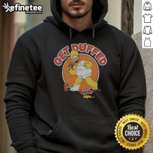 Homer Simpson wearing a 'Get Duffed' hoodie from The Simpsons, showcasing vibrant colors and fun cartoon design.