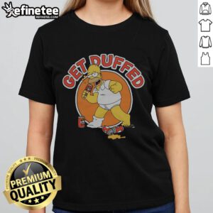 Alt Text: Homer Simpson 'Get Duffed' graphic on a stylish ladies tee from Nice The Simpsons collection.