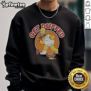 Homer Simpson wearing a 'Get Duffed' sweatshirt in a vibrant scene from The Simpsons, showcasing playful cartoon style.