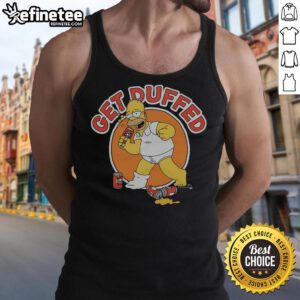 Homer Simpson wearing a 'Get Duffed' tank top from The Simpsons, showcasing a fun and vibrant cartoon design.