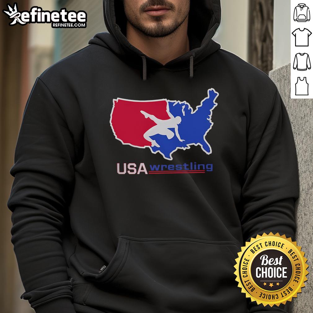 Alt Text: Nice USA Wrestling hoodie featuring a USA map design and wrestler graphics, perfect for wrestling fans.