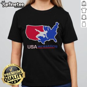 Nice USA Wrestling tee featuring a USA map and wrestler design for ladies, perfect for wrestling fans and athletes.