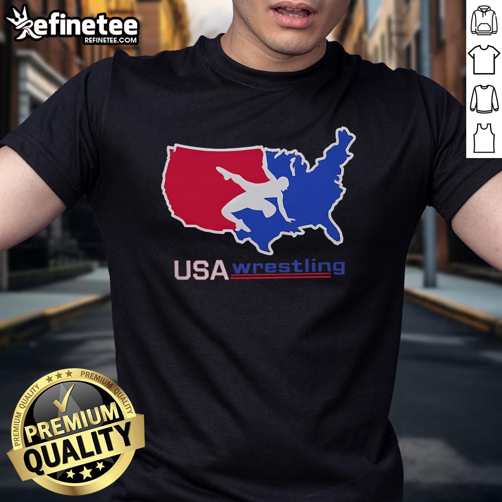 USA Wrestling map graphic on a stylish t-shirt featuring a wrestler, perfect for fans and athletes in the sport.