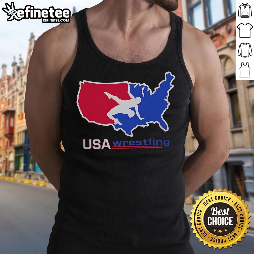 USA map design tank top featuring a wrestler, perfect for wrestling fans and athletes. Nice USA Wrestling apparel.