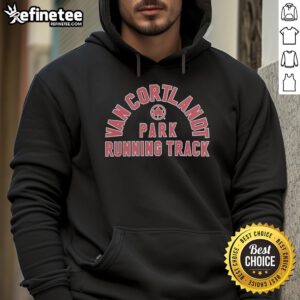 Runner wearing a Nice Van Cortlandt Park Running Track hoodie, jogging on a scenic track surrounded by greenery.