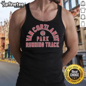 Runner wearing a Nice Van Cortlandt Park Running Track tank top on a sunny day at the park's scenic running track.