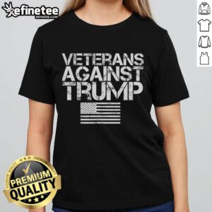 Alt Text: Vintage patriotic flag graphic on a ladies tee for the Nice Veterans Against Trump protest, symbolizing dissent.