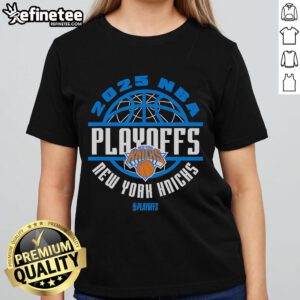 Official 2025 NBA Playoff New York Knicks ladies tee featuring team colors and logo, perfect for female basketball fans.