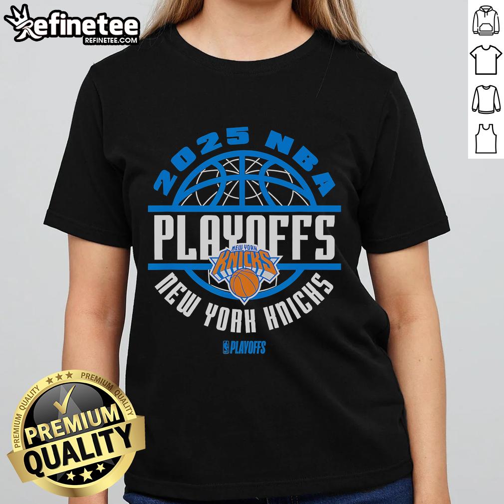 Official 2025 NBA Playoff New York Knicks ladies tee featuring team colors and logo, perfect for female basketball fans.