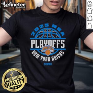 Official 2025 NBA Playoff New York Knicks T-Shirt showcasing team colors and logo for fans and supporters.