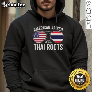 Official American Raised with Thai Roots hoodie featuring USA and Thailand flag sunglasses, a unique cultural blend.