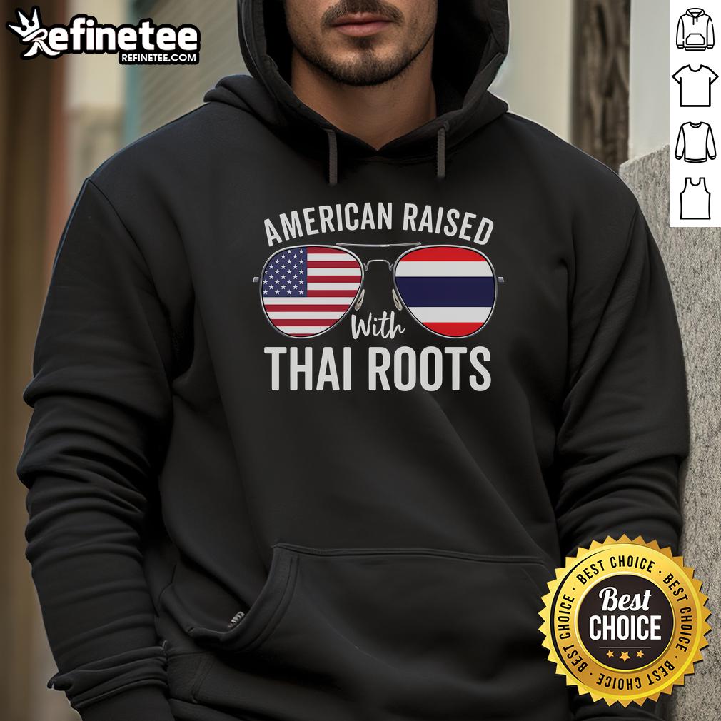 Official American Raised with Thai Roots hoodie featuring USA and Thailand flag sunglasses, a unique cultural blend.
