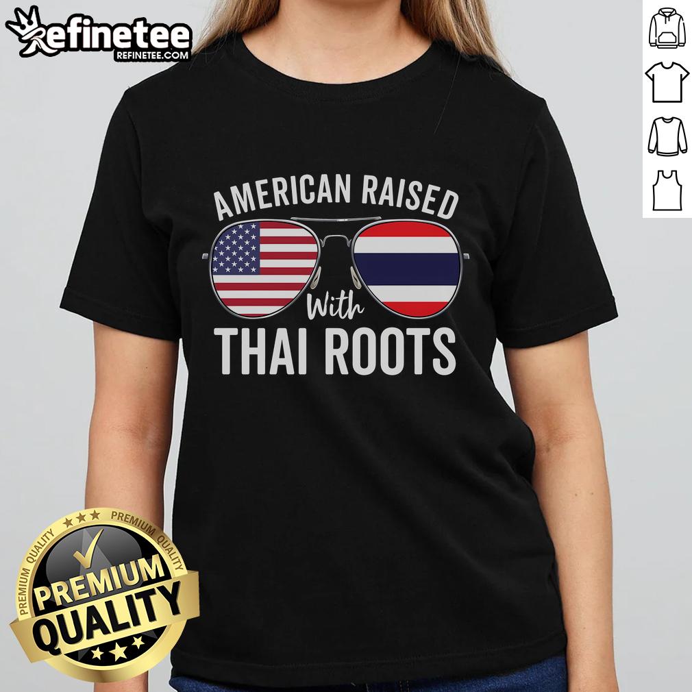 Official American Raised with Thai Roots Tee featuring USA and Thailand flag sunglasses for ladies' casual wear.