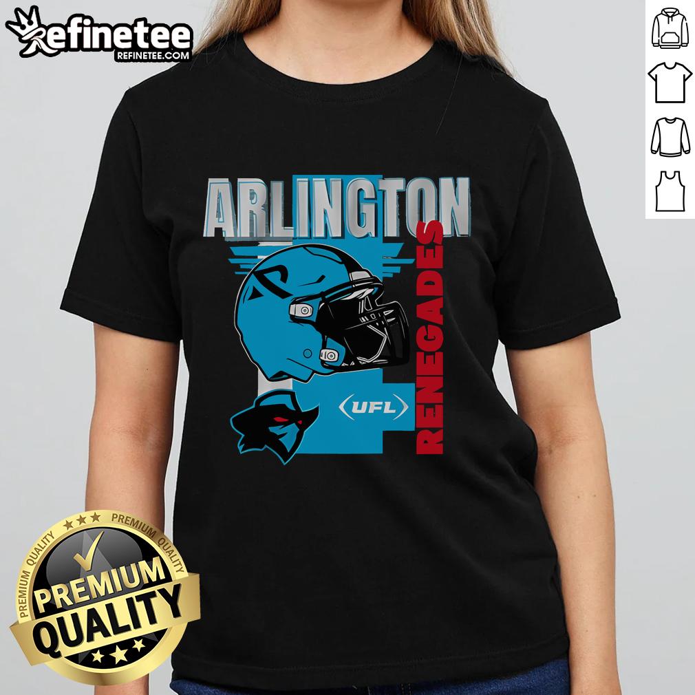 Alt Text: Official Arlington Renegades helmet frame ladies tee featuring vibrant team colors and stylish design for fans.