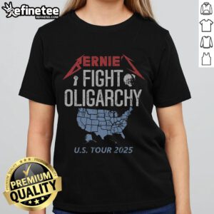Alt Text: Official Bernies Fight Oligarchy US Tour ladies tee featuring bold graphics promoting social justice and equality.