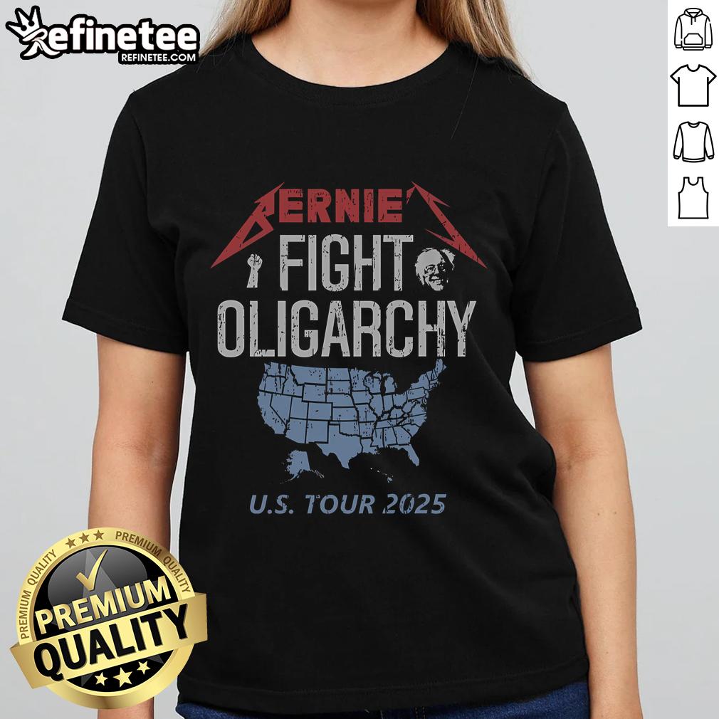 Alt Text: Official Bernies Fight Oligarchy US Tour ladies tee featuring bold graphics promoting social justice and equality.