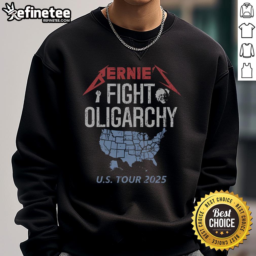 Official Bernies Fight Oligarchy US Tour sweatshirt in navy blue, promoting political awareness and activism.