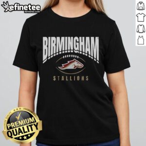 Alt Text: Official Birmingham Stallions Football outline ladies tee featuring vibrant colors and stylish design for fans.