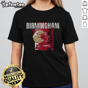 Official Birmingham Stallions Helmet Frame Ladies Tee showcasing team pride with stylish design and vibrant colors.