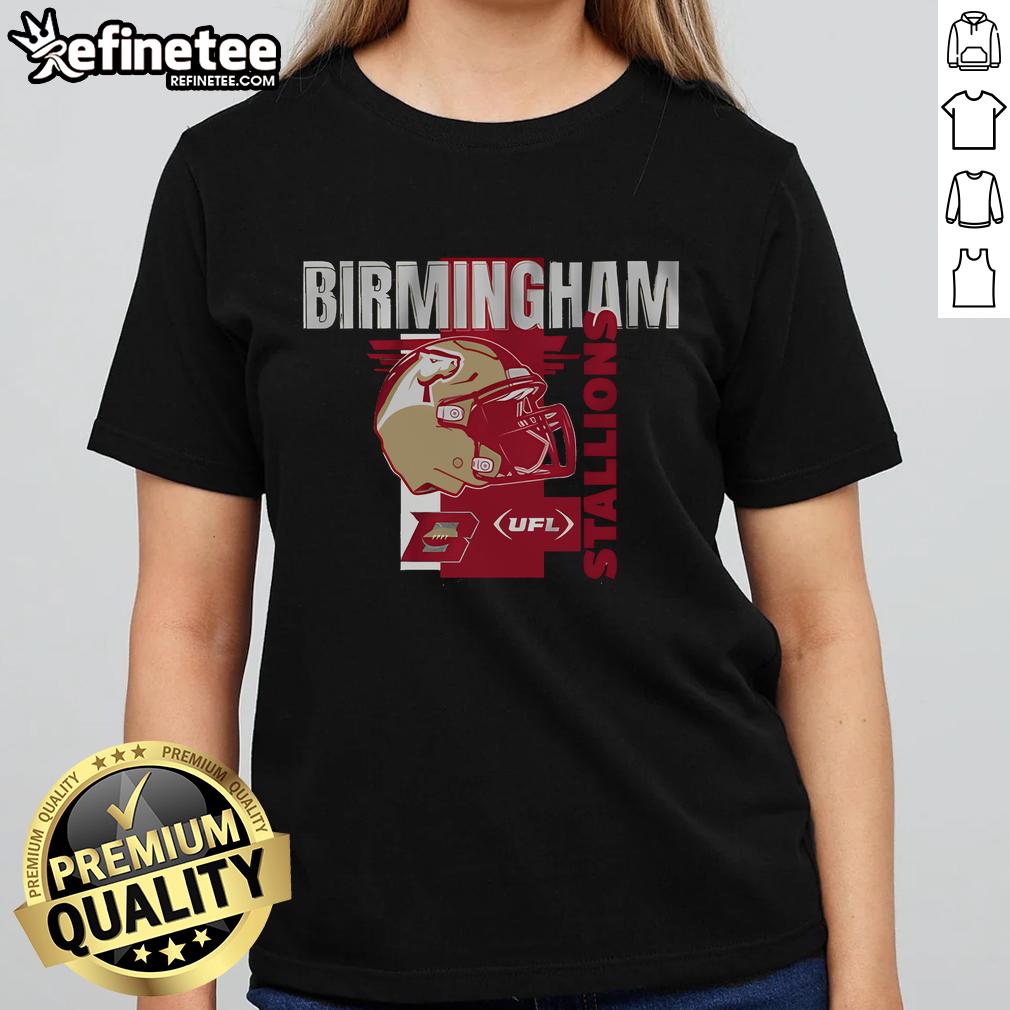 Official Birmingham Stallions Helmet Frame Ladies Tee showcasing team pride with stylish design and vibrant colors.